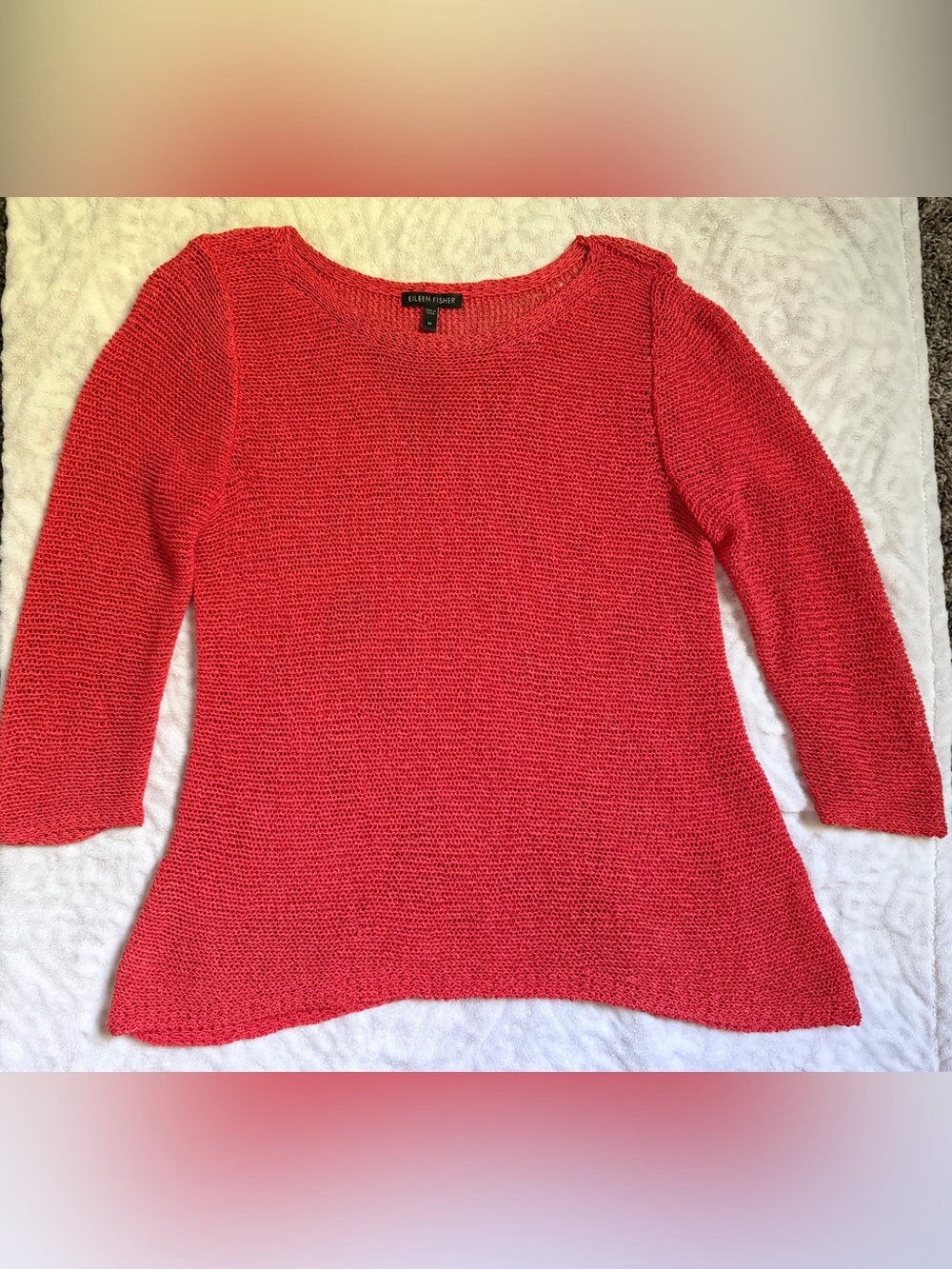 Eileen Fisher Coral-Red Lightweight Knit Scoop Neck Sweater 3/4 Sleeve